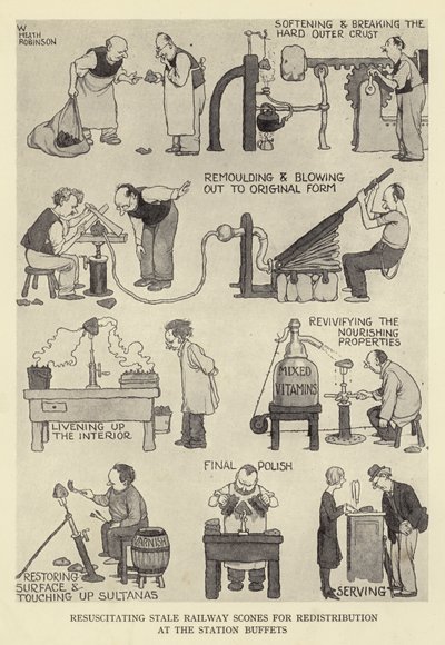 Tunkkaisten rautatiekeksejen elvyttäminen uudelleenjakelua varten asemien buffeteissa. tekijältä William Heath Robinson