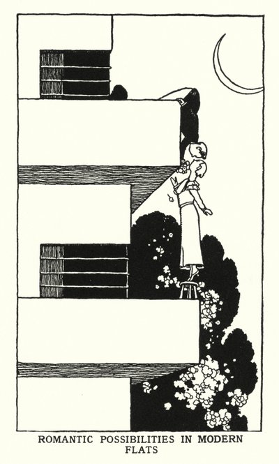 Romanttisia mahdollisuuksia moderneissa asunnoissa (litho) tekijältä William Heath Robinson