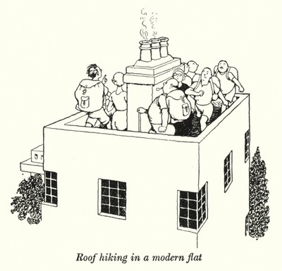 Kattovaellus modernissa asunnossa (litho) tekijältä William Heath Robinson
