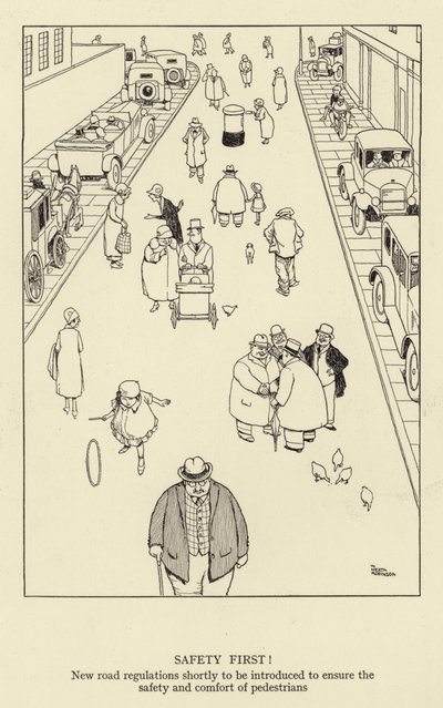 Turvallisuus ennen kaikkea! Uudet tieliikennemääräykset otetaan pian käyttöön jalankulkijoiden turvallisuuden ja mukavuuden varmistamiseksi. tekijältä William Heath Robinson