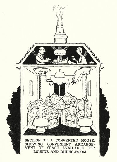 Osio muunnetusta talosta, jossa näkyy kätevä tilan järjestely oleskelutilaa ja ruokailutilaa varten (litho) tekijältä William Heath Robinson