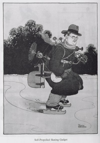 Itseliikkuva luistelulaite, kuvitus julkaisusta "Keksinnöt" tekijältä William Heath Robinson