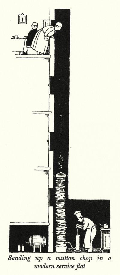 Lampaankyljyksen lähettäminen modernissa palveluasunnossa (litho) tekijältä William Heath Robinson