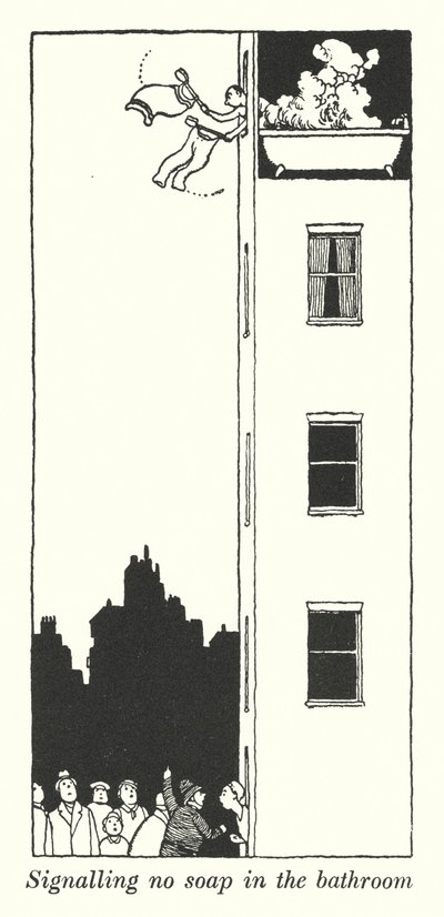 Signalointi ei saippuaa kylpyhuoneessa (litho) tekijältä William Heath Robinson
