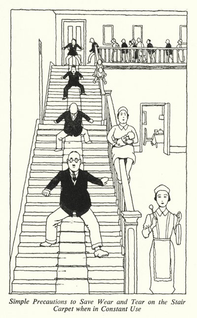 Yksinkertaisia varotoimia portaiden maton kulumisen ja repeämisen säästämiseksi jatkuvassa käytössä (litho) tekijältä William Heath Robinson
