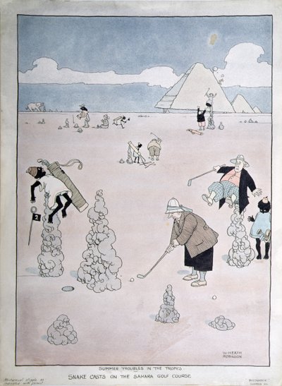 Kesäongelmia tropiikissa – käärmeheittoja Saharan golfkentällä (kynä, muste ja akvarelli) tekijältä William Heath Robinson