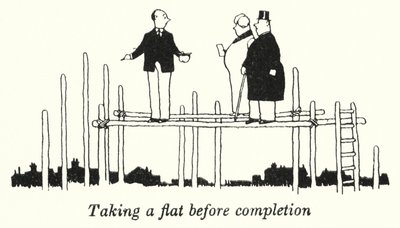 Asunnon hankkiminen ennen valmistumista (litho) tekijältä William Heath Robinson