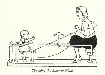 Vauvan opettaminen kävelemään (litho) tekijältä William Heath Robinson