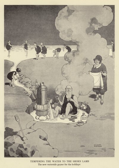 Veden karkaisu karitsalle, uusi veden äärellä sijaitseva geysir loma-aikoina tekijältä William Heath Robinson