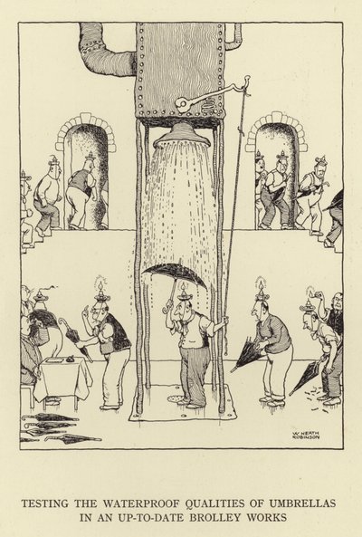 Sateenvarjojen vedenpitävyyden testaaminen ajan tasalla Brolley Worksissa tekijältä William Heath Robinson