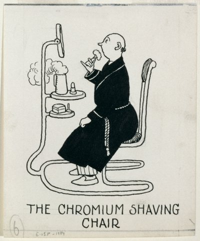 "The Chromium Shaving Chair", yksityiskohta artikkelista "Kuinka asua asunnossa", julkaistu 1936 tekijältä William Heath Robinson