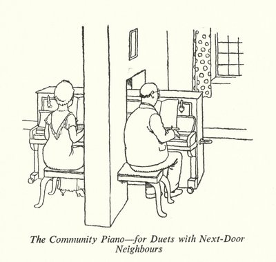 Yhteisöpiano, duetoihin lähinaapurien kanssa (litho) tekijältä William Heath Robinson