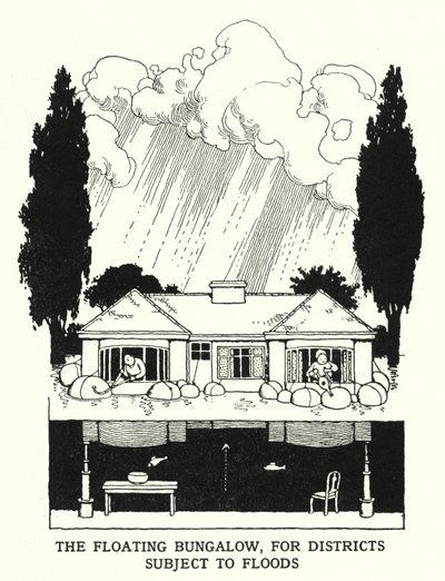 Kelluva bungalow alueille, jotka ovat alttiina tulville (litho) tekijältä William Heath Robinson