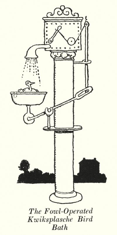 Kanan käyttämä Kwiksplasche Bird Bath (litho) tekijältä William Heath Robinson