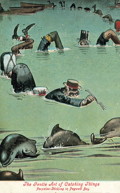 Asioiden kiinniottamisen lempeä taide – Pyöriäisten kiinnittäminen Pegwell Bayssä (värilitho) tekijältä William Heath Robinson