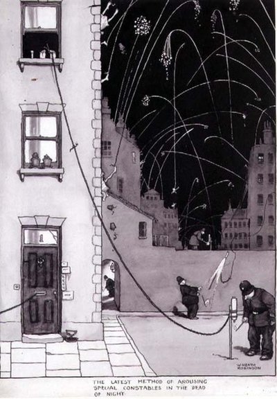 "Viimeisin menetelmä herättää erikoiskonstaaleja yön kuolleessa", kuvitus "Keksinnöt", Duckworth 1973 (kynä ja muste, akvarelli) tekijältä William Heath Robinson