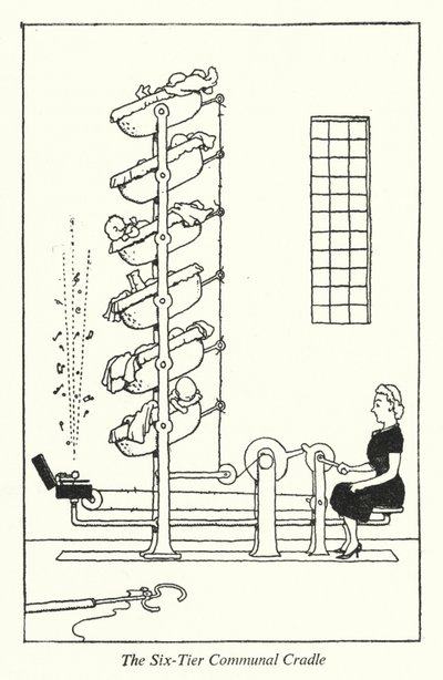 Kuusikerroksinen yhteisöllinen kehto (litho) tekijältä William Heath Robinson