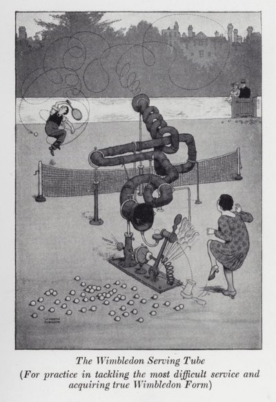 Wimbledonin tarjoiluputki, harjoitteluun vaikeimman palvelun hoitamisessa ja todellisen Wimbledon-muodon hankkimisessa (litho) tekijältä William Heath Robinson