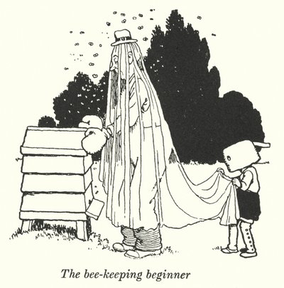 Mehiläishoidon aloittelija (litho) tekijältä William Heath Robinson