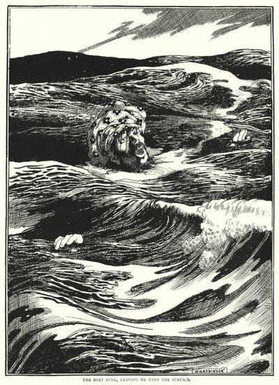 Vene upposi, jättäen minut pinnalle (kaiverrus) tekijältä William Heath Robinson
