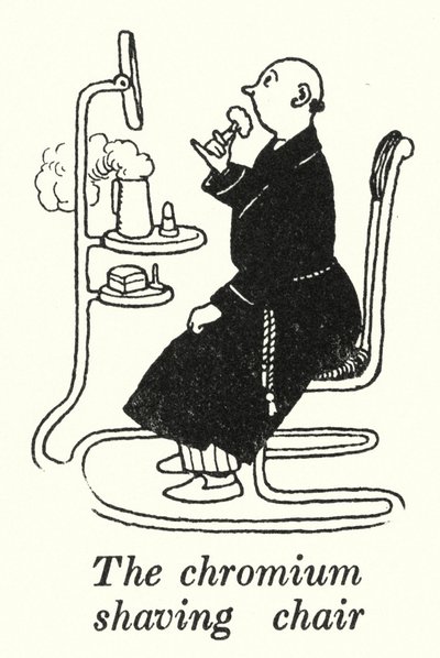 Kromi parranajotuoli (litho) tekijältä William Heath Robinson