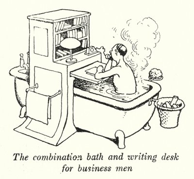 Kylpyammeen ja kirjoituspöydän yhdistelmä liikemiehille (litho) tekijältä William Heath Robinson