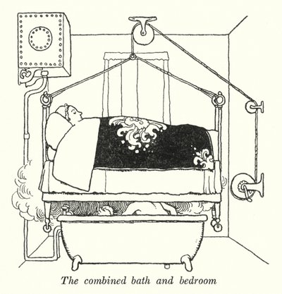 Yhdistetty kylpyhuone ja makuuhuone (litho) tekijältä William Heath Robinson