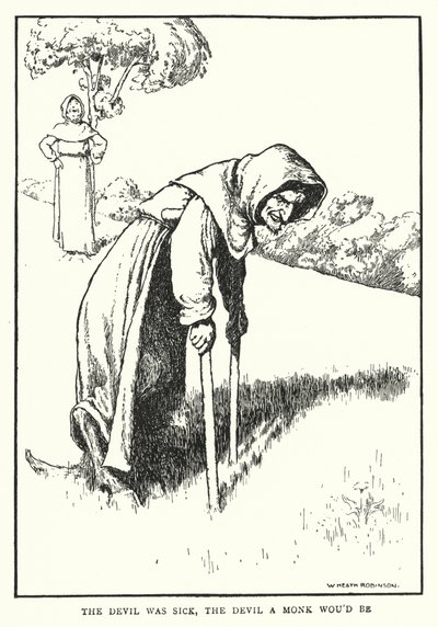 Paholainen oli sairas, paholainen olisi munkki (litho) tekijältä William Heath Robinson