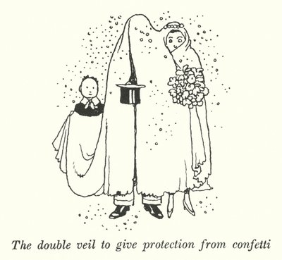 Kaksinkertainen verho suojaa konfettia vastaan (litho) tekijältä William Heath Robinson