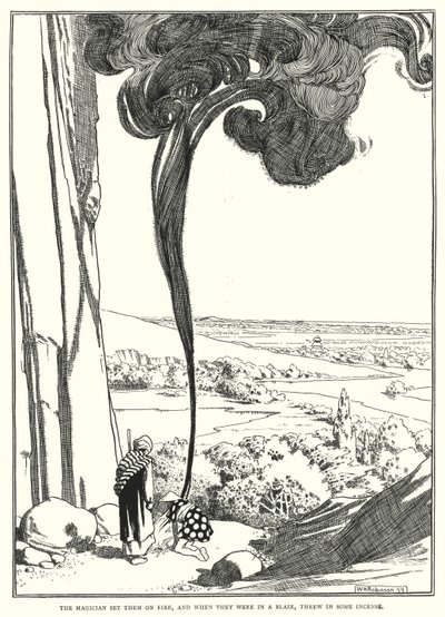 Taikuri sytytti ne tuleen, ja kun ne olivat liekeissä, heitti suitsukkeita (kaiverrus) tekijältä William Heath Robinson