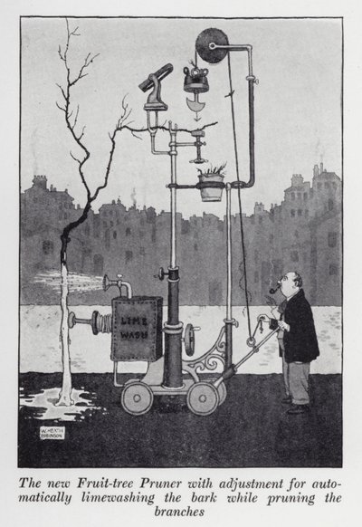 Uusi hedelmäpuiden oksasaha, jossa on säädettävä kuoren automaattinen kalkkipesu oksien leikkaamisen aikana (litho) tekijältä William Heath Robinson