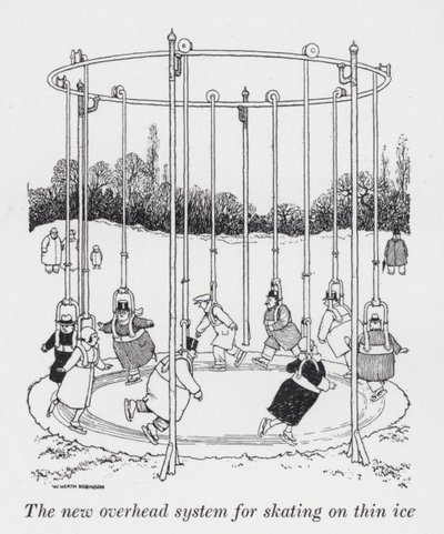 Uusi ylätason järjestelmä luistelemiseen ohuella jäällä (litho) tekijältä William Heath Robinson