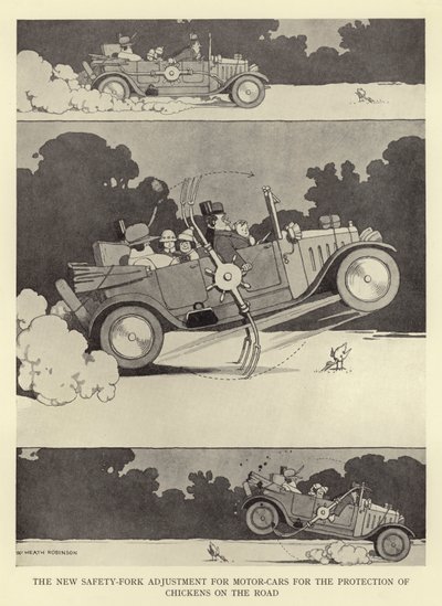 Uusi turvahaarukan säätö autoihin kanojen suojaamiseksi tiellä tekijältä William Heath Robinson