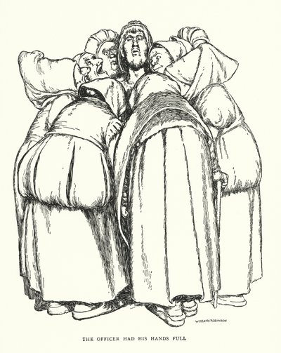 Upseerilla oli kädet täynnä (litho) tekijältä William Heath Robinson