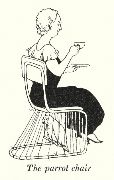 Papukaija tuoli (litho) tekijältä William Heath Robinson