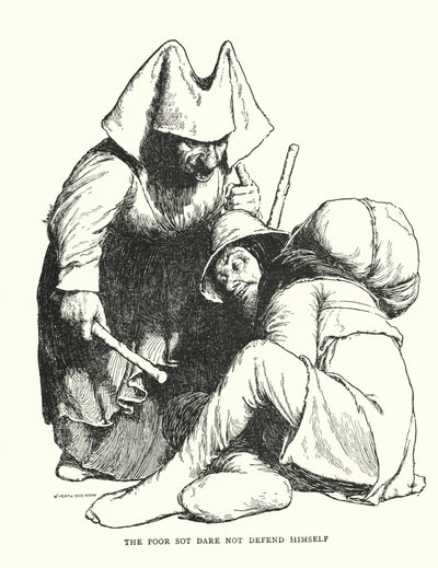 Köyhä sot ei uskalla puolustaa itseään (litho) tekijältä William Heath Robinson