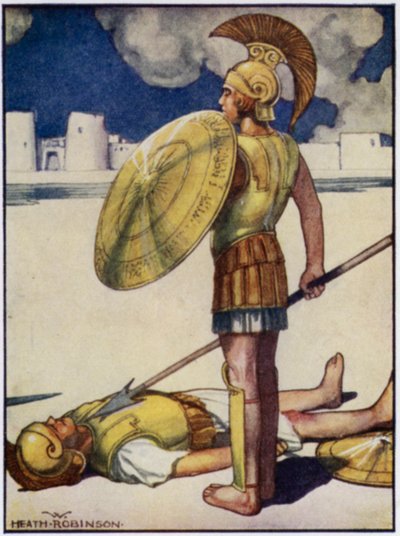 Kuoleman varjo laskeutui Hectorin päälle (väri litho) tekijältä William Heath Robinson