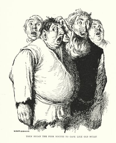 Sitten köyhät roistot alkoivat ammota kuin vanhat muulit (litho) tekijältä William Heath Robinson