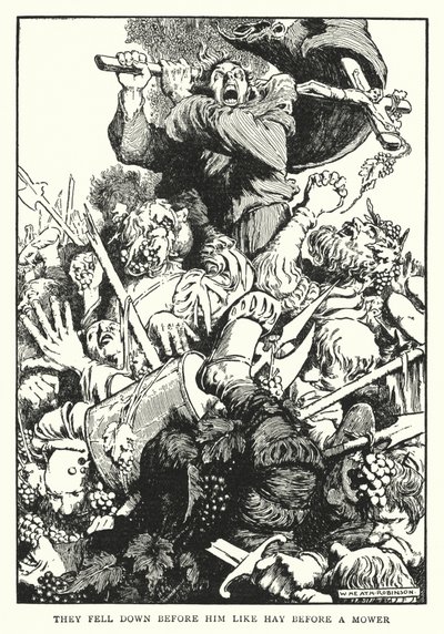He putosivat hänen eteensä kuin heinä ruohonleikkurin edessä (litho) tekijältä William Heath Robinson