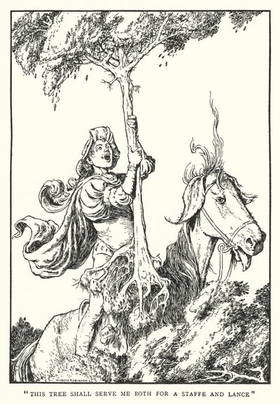 "Tämä puu palvelee minua sekä sauvana että keihässä" (litho) tekijältä William Heath Robinson