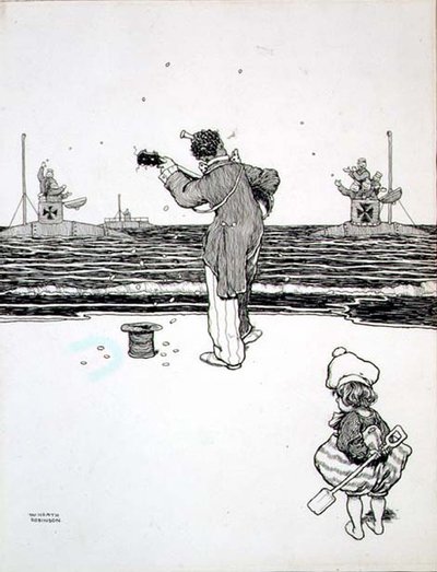 Kauppaa vihollisen kanssa Yarmouth Sandsilla, kappaleesta "Jotkut pelottavat sotakuvat" tekijältä William Heath Robinson