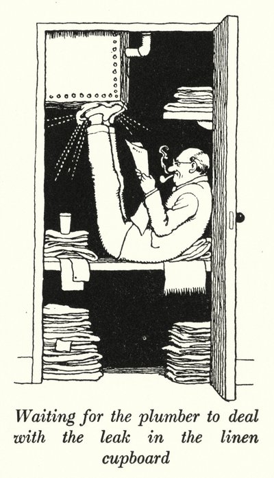 Odotetaan, että putkimies hoitaa vuodon liinavaatekaapin (litho) tekijältä William Heath Robinson