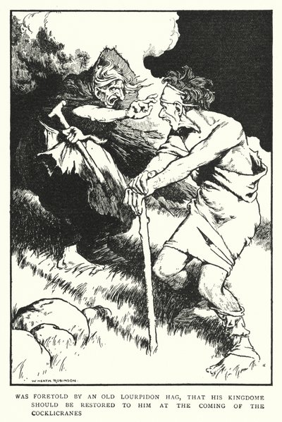 Vanha Lourpidon-hag ennusti, että hänen valtakuntansa palautettaisiin hänelle Cocklicranesin tullessa (litho) tekijältä William Heath Robinson
