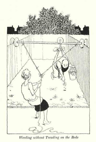 Rikkaruoho ilman polkua sängyillä (litho) tekijältä William Heath Robinson