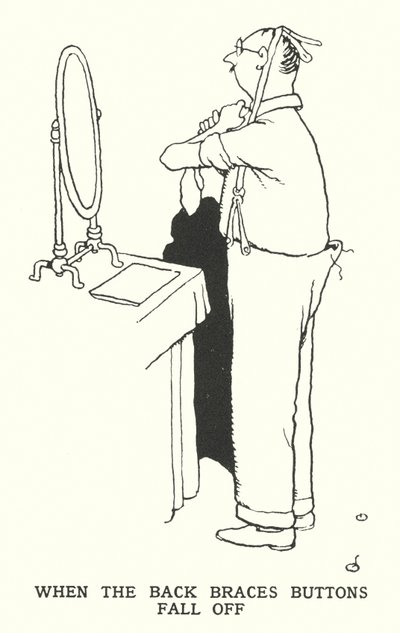 Kun selkänojan napit putoavat (litho) tekijältä William Heath Robinson