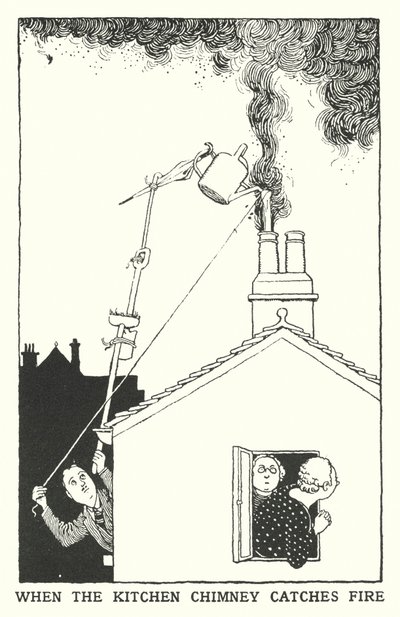 Kun keittiön savupiippu syttyy tuleen (litho) tekijältä William Heath Robinson