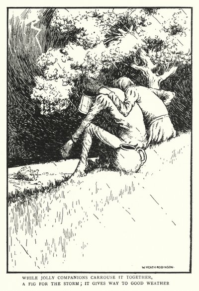 Samalla kun iloiset seuralaiset hierovat sitä yhdessä, viikuna myrskylle, se väistyy hyvälle säälle (litho) tekijältä William Heath Robinson