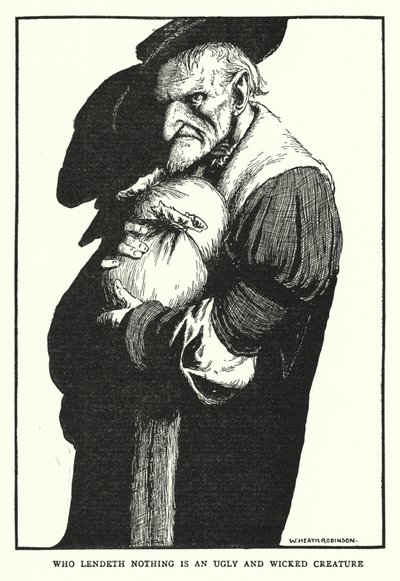 Joka ei lainaa mitään, on ruma ja ilkeä olento (litho) tekijältä William Heath Robinson