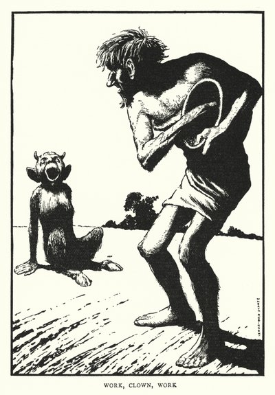 Työ, klovni, työ (litho) tekijältä William Heath Robinson