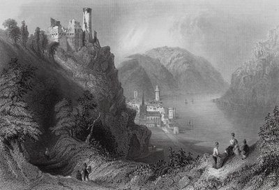 Oberwesel ja Schombergin linna (kaiverrus) tekijältä William Henry (after) Bartlett